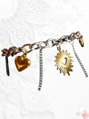 Vintage Two-Tone Stainless Steel Heart Charm Adjustable Bracelet 692